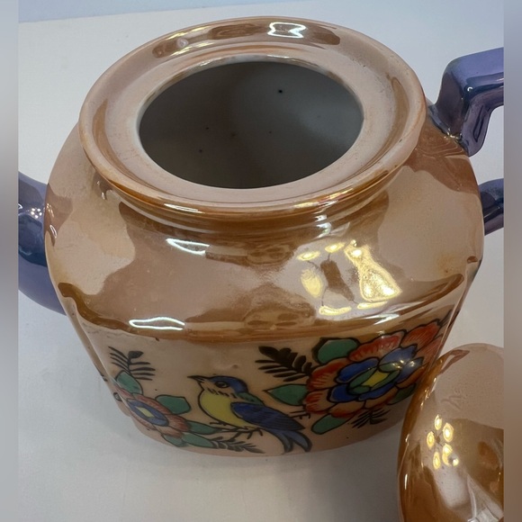 Vintage Lusterware tea pot Bird on Branch Floral Orange and Blue decor c. 1950s - Picture 5 of 11